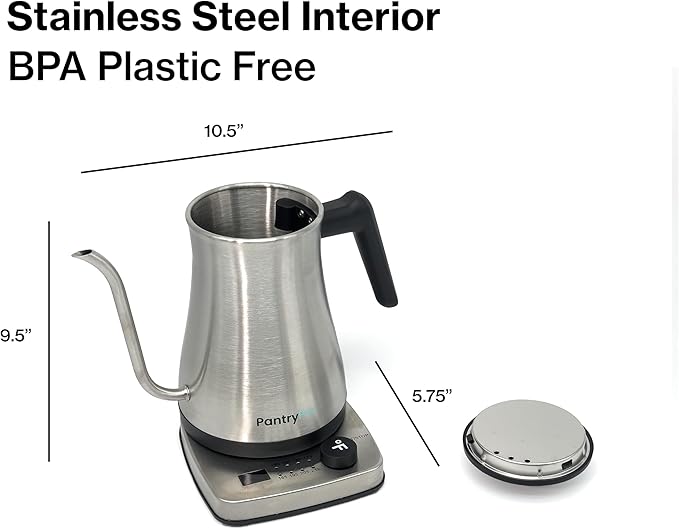 PantryPro Gooseneck Electric Kettle with Temperature Control, 34oz/1.0L Rapid Boil, Stainless Steel Interior, Auto Shut-Off, 1500W, Boil-Dry Protection, LED Indicator - Steel