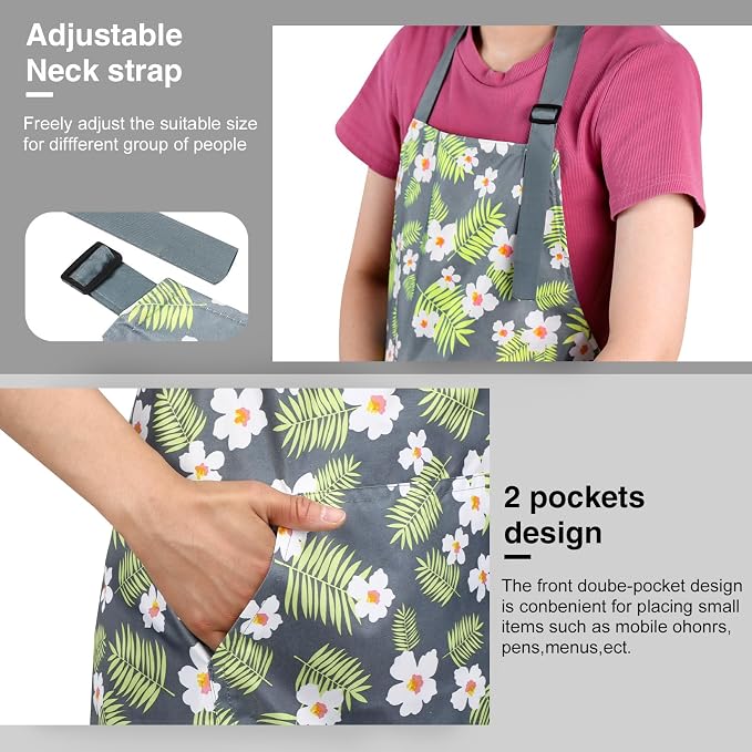 BOUMUSOE 3 Pack Floral Aprons with Pocket, Blooming Womens Aprons | Waterproof Adjustable Cooking Aprons for Kitchen Gardening and Salon - Image 4