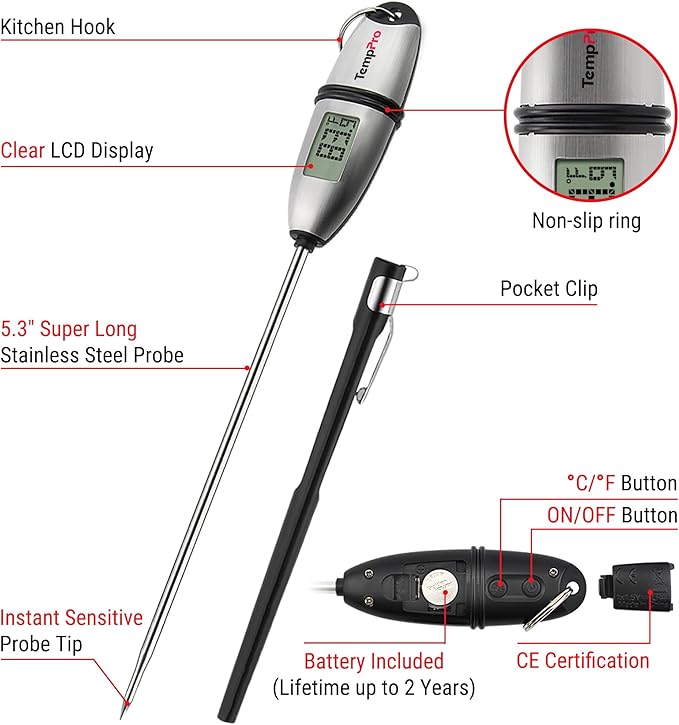 TempPro TP02S (2 Pack) Digital Food Thermometer for Cooking Bread Baking Sourdough Liquids, Meat Thermometer Digital with Super Long Probe for Kitchen BBQ Candy Making Accessory (Previously ThermoPro)