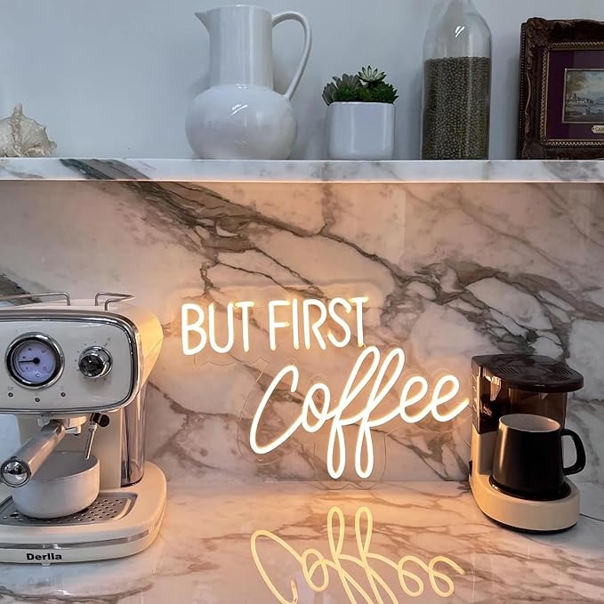 BUT FIRST Coffee Neon Sign - Adjustable Brightness LED Coffee Bar Sign for Cafe Shops, Home Bars, and Bedroom Decor, Modern Cafe Bar USB Powered