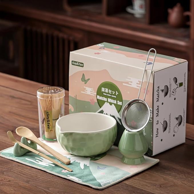 Clay&Fire Matcha Whisk Set, 9 pcs Ceramic Matcha Set, Gifts for Women,Matcha Bowl with Spout and Whisk, Matcha Kit for Matcha Lovers, Ideal Gift Christmas, Birthday, Anniversary(Pink) (Jade Green)