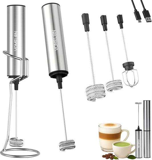 Rechargeable Milk Frother with Stand, Electric Whisks Foam Maker, POWERFUL USB C 2 Speed Handheld Drink Mixer for Coffee, Latte, Cappuccino, Matcha Drinks,Silver