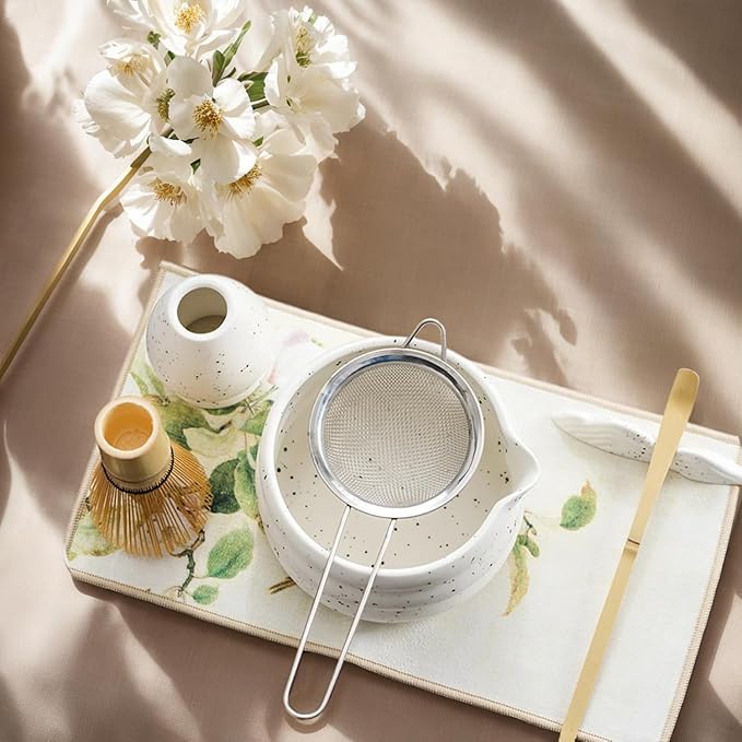 Matcha Whisk Set - 5PCS Ceramic Matcha Set Includes 19OZ Matcha Bowl with Spout, Bamboo Chasen Whisk with Ceramic Holder, Bamboo Scoop and Stainless Sifter, Gift for Matcha Lovers