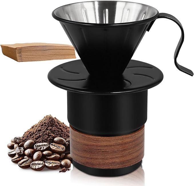 Pour Over Coffee Maker 300ml Portable Cup 304 Thickened Stainless Steel Drip Coffeemaker Set with 50pcs V60 Cone Paper Filters Hand Brew Dripper Carafe for Home Camping Travel 10.2oz Black