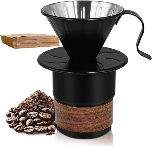 Pour Over Coffee Maker 300ml Portable Cup 304 Thickened Stainless Steel Drip Coffeemaker Set with 50pcs V60 Cone Paper Filters Hand Brew Dripper Carafe for Home Camping Travel 10.2oz Black