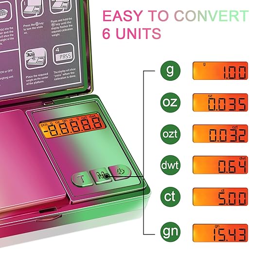 THINKSCALE Shiny Digital Gram Scale, 300g x 0.01g Iridescent Pocket Scale Rainbow Chrome Plating, 6 Units Small Scale .01 Gram Accuracy, Tare Function for Food, Jewelry, Herb, Powder, Coins, Travel