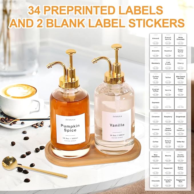 Coffee Syrup Dispenser for Coffee Bar, 16.9oz 500ml Glass Syrup Dispenser w Golden Coffee Scoop, Coffee Syrup Pump Dispenser w 36 Labels and Bamboo Tray, Coffee Syrup Bottles with Golden Pump, 2PCS - Image 4