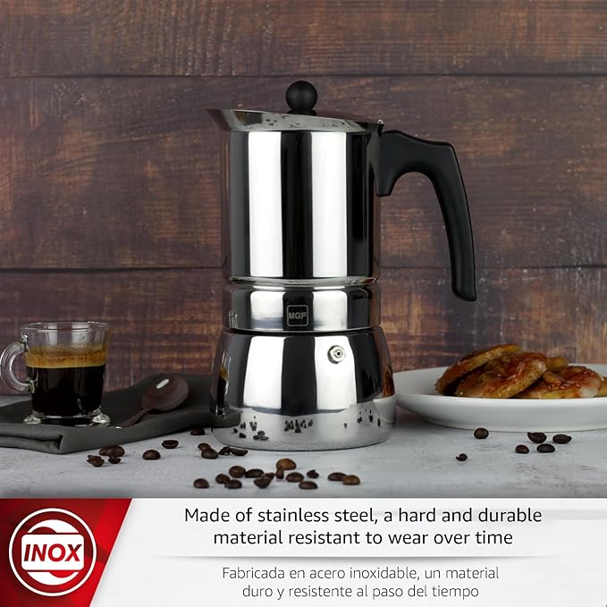 Magefesa Genova Stovetop Espresso Maker, 4 Cups/6.5 oz, 18/10 Stainless Steel Moka Pot, Italian Greca Coffee Maker, Suitable for Induction