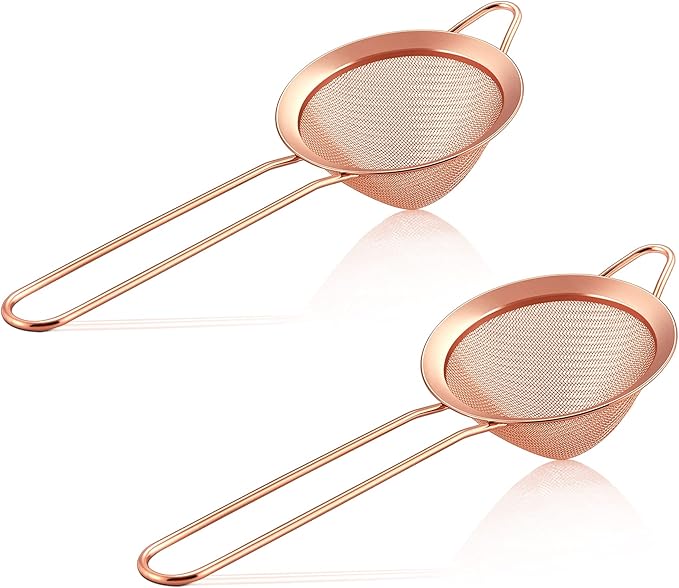 Fine Mesh Strainer Set of 2, E-far 3.3 Inches Stainless Steel Tea Strainer with Long Handle, Small Conical Mesh Strainers Sieve for Cocktail Coffee Food, Rust Proof & Easy to Clean(Rose Gold)