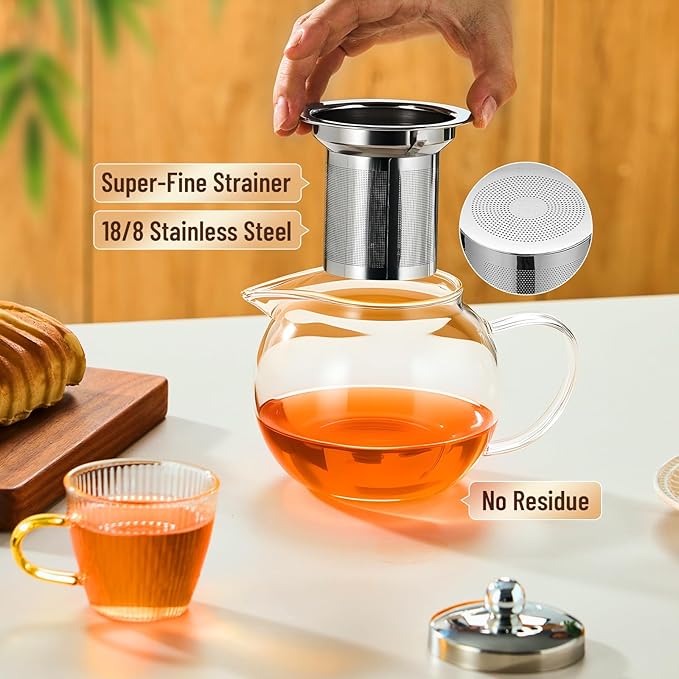 Glass Teapot Stovetop 22 OZ/650ml, Tea pot with Removable 18/8 Stainless Steel Infuser, Borosilicate Clear Tea Kettle, Teapot Blooming and Loose Leaf Tea Maker Tea Brewer for Camping, Travel