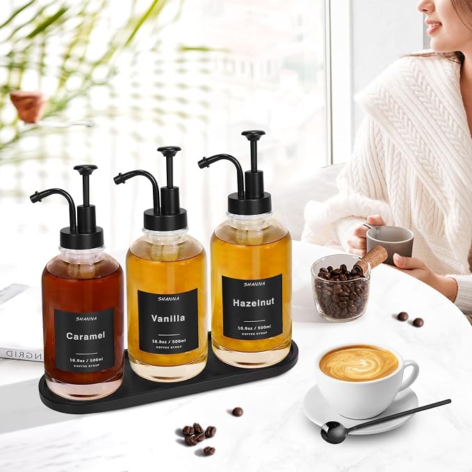 Coffee Syrup Dispenser for Coffee Bar, 16.9oz 500ml Glass Syrup Dispenser w Black Coffee Scoop, Coffee Syrup Pump Dispenser w 36 Labels and Bamboo Tray, Coffee Syrup Bottles with Black Pump, 3PCS - Image 3