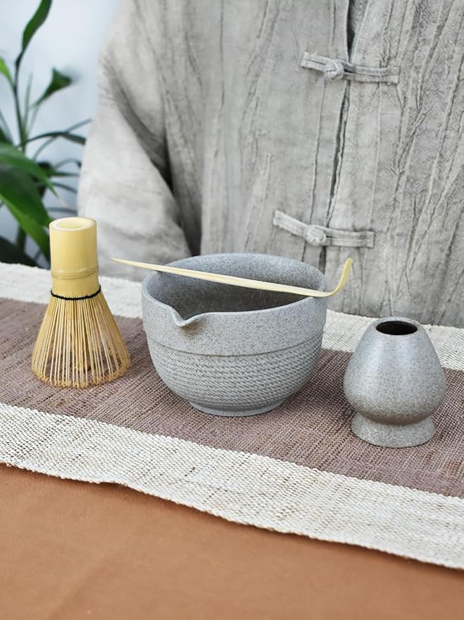 Matcha Tea Set – 4 Piece Traditional Japanese Matcha Kit with Pouring Spout Bowl, Whisk, Holder, Scoop & Guide – Ceramic Matcha Bowl for Authentic Tea Ceremony & Daily Ritual