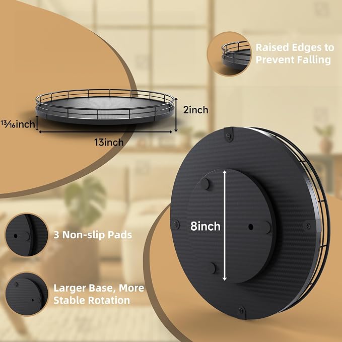 13" Lazy Susan Turntable Organizer for Table Top, Round Wooden Lazy Susan for Cabinet Kitchen Decor Centerpieces Coffee Table, Storage Condiments Spices, Bathroom Vanity Tray for Soap, Black - Image 2