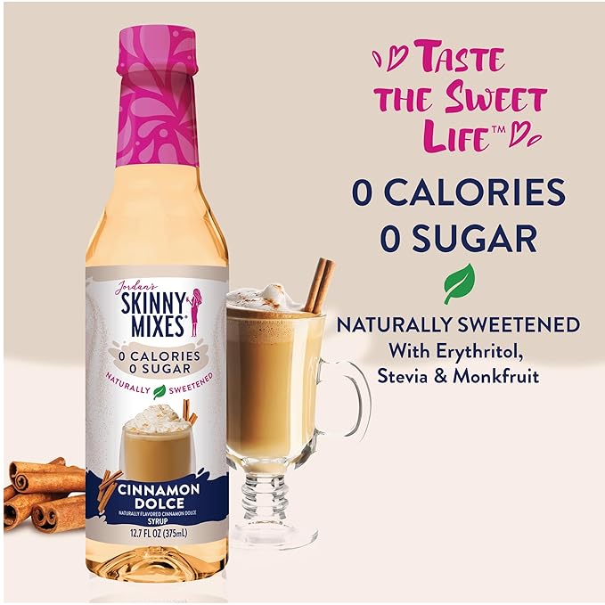Jordan's Skinny Mixes Sugar Free Coffee Syrup, Cinnamon Dolce Coffee Flavoring Syrup, Naturally Sweetened Zero Calorie Drink Mix, Lattes, Baking or Protein Shake, Dairy & Gluten Free, 12.7 Fl Oz