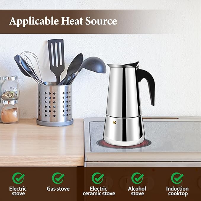 6 Cup Stainless Steel Moka Pot Stovetop Espresso Maker Italian Coffee Machine 300ml 10oz Suitable for Gas Induction Stovetop Mocha Greca Coffee Maker Percolator Straight