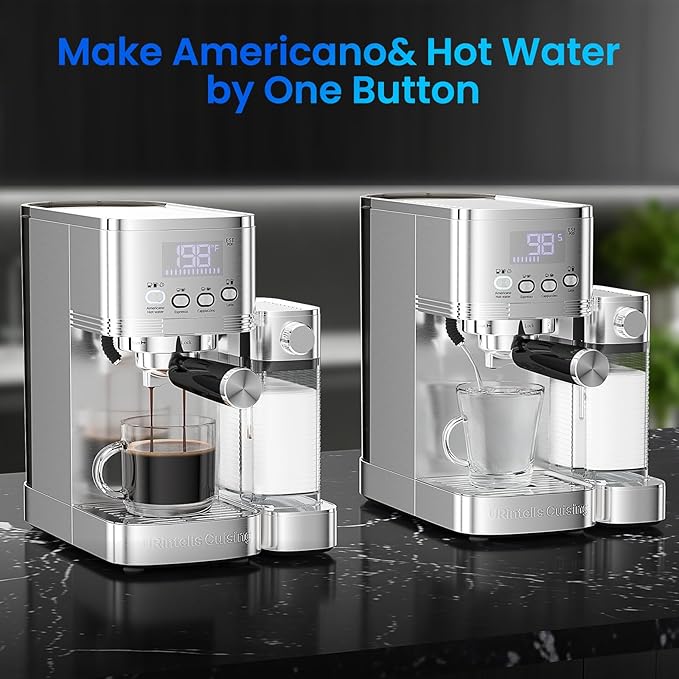 Espresso Machine 20 Bar Temperature Time LED Display Espresso Maker with Stepless Adjustable Automatic Milk Frother for Cappuccino Latte Americano Stainless Steel Coffee Machine with ESE Pod Filter