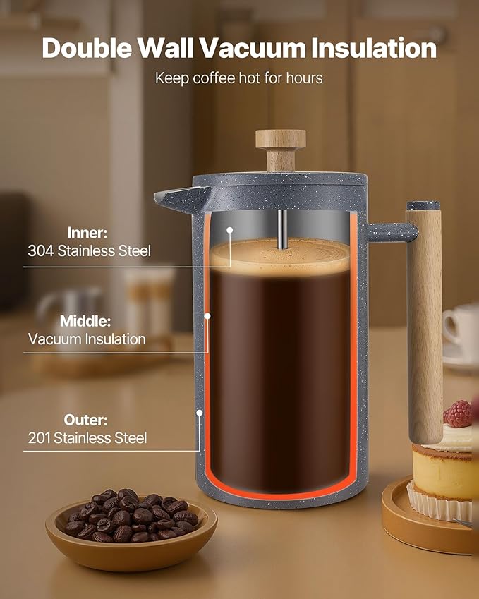 VEVOR French Press Coffee Maker, 34 Ounce 1 Liter Stainless Steel Coffee Press Tea Maker with Filter, Large Double Wall Insulated French Presses Cold Brew for Camping Travel Home Kitchen, Black
