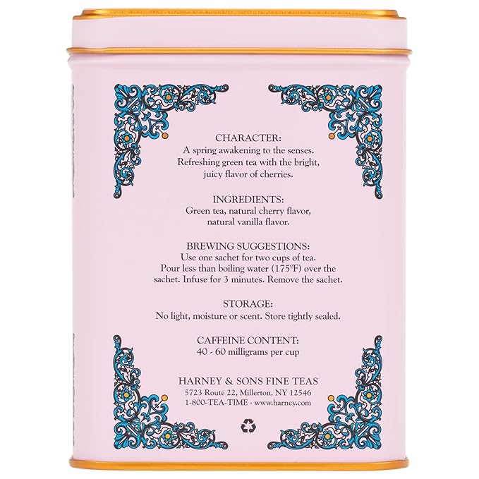 Harney & Sons Caffeinated Blossom Green Tea Tin Sachets Pink 31629, Cherry, 20 Count (Pack of 1)