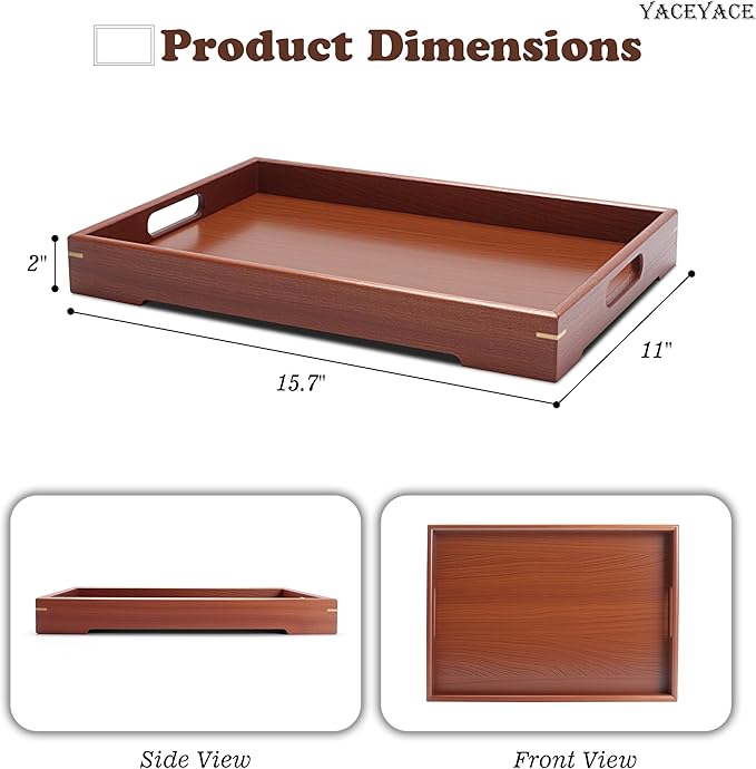Wooden Tray for Ottoman, 15"x10"x1.5" Medium Wood Serving Tray with Handle for Coffee Table, Dining, Home Decor, Bed, Bathroom, Drink