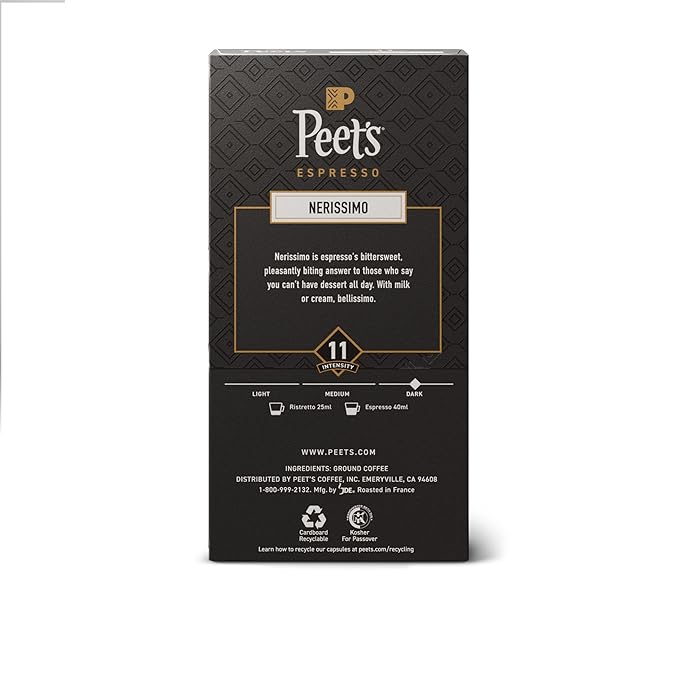 Peet's Coffee, Dark Roast Espresso Capsules, Compatible with Nespresso Original Machine, 100% Arabica Coffee - Nerissimo Intensity 11, 50 Count (5 Boxes of 10 Espresso Capsules)