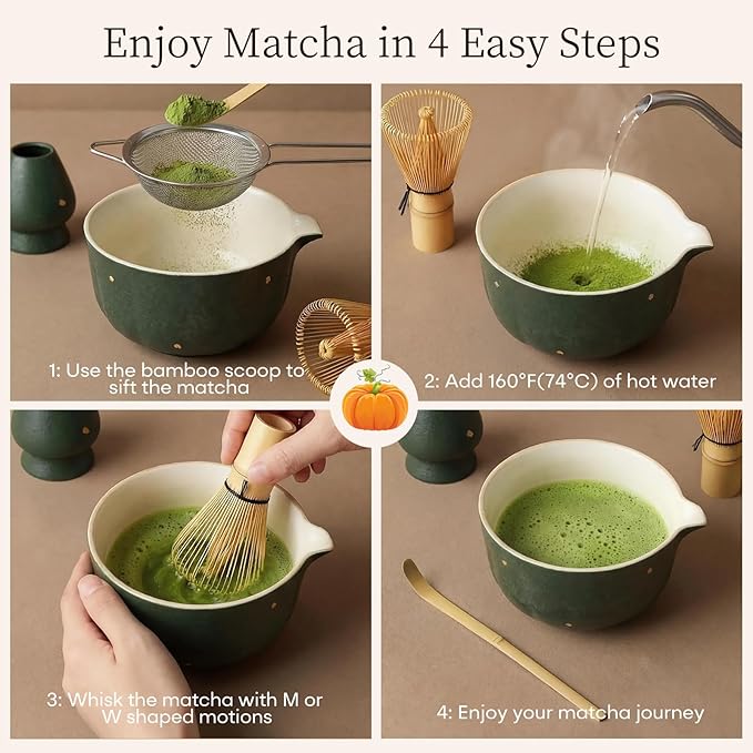Matcha Whisk Set, Matcha Tea Set with Pumpkin Design, Includes Matcha Bowl & Holder, Bamboo Whisk (Chasen), Scoop and Sifter, 5PCS Matcha Kit Covers Everything Needed for Matcha Lovers, Green