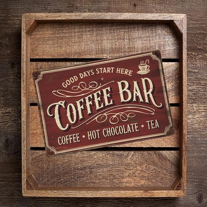 Vintage “Coffee Bar” Metal Sign – Retro Café Wall Art With Red Distressed Background, Rustic Kitchen Or Coffee Station Decor 8x12
