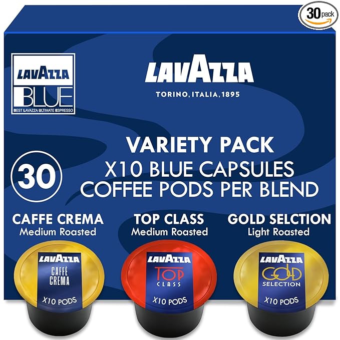Lavazza Blue Coffee Pods Variety Pack – 30 Count – Includes Top Class, Gold Selection & Caffè Crema (10 Each) – Single-Serve, Keto-Friendly Arabica & Robusta Blend – Light, Medium & Dark Roasts