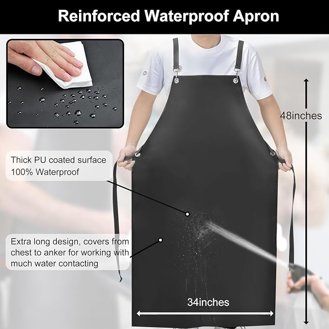 SHEOMERN 2 Pack Waterproof Rubber Apron, 48" XL Anti-Tear Heavy Duty Vinyl Adjustable Thicker Cross Back for Restaurant Dishwashing, Butcher, Lab Work, Dog Grooming - Black