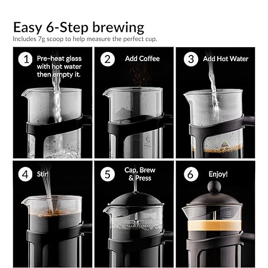 OVENTE French Press Coffee Maker 34 Ounce with Heat Resistant Borosilicate Glass & Stainless Steel 4-Level Filtration System, Portable Cold Brew Coffee Maker for Travel, Camping or Gift, Black FPT34B