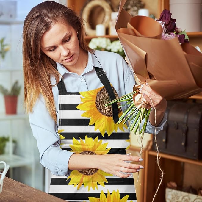 Britimes Apron with Pockets, 32x28 inch, for Women Men, Black White Flower | Sunflowers Striped Waterproof Adjustable Bib Aprons for Kitchen Cooking Baking Painting Gardening - Image 6