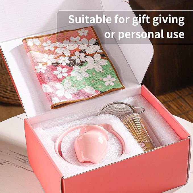 8-Piece Matcha Ceremony Set - Tea Kit with Cherry Blossom Bowl, Bamboo Whisk, Wood Scoops, Tea Cloth & Floral Display - Gift-Ready Pink Cherry color box (pink)