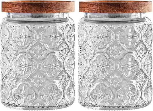 Glass Jar with Lid, Vintage Glass Storage Jars with Airtight Lid Coffee Canister Sugar Container for Kitchen Counter Pantry, Flour, Candy, Tea, Coffee Beans, Oats (Begonia Round*2)
