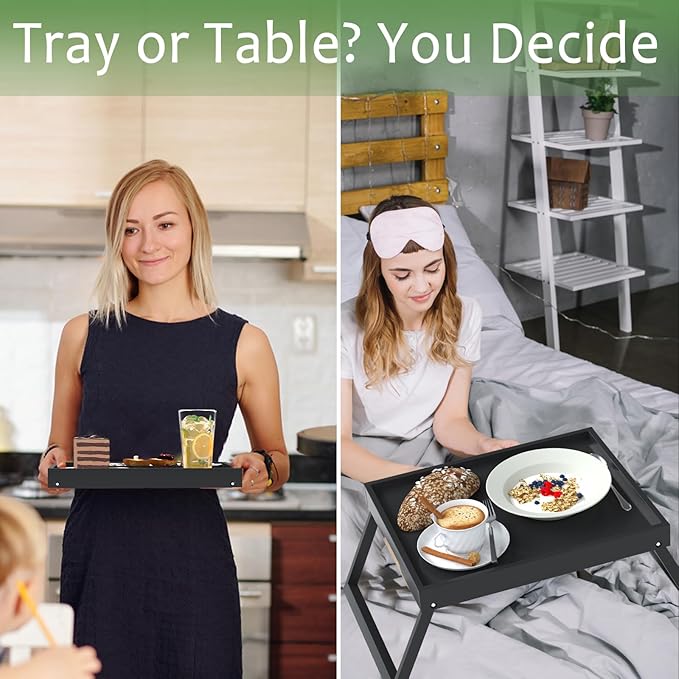 2 Pack Bed Tray Table with Foldable Legs, Bamboo Breakfast Tray for Sofa, Beds, Eating, Working, TV Table, Food, Dinner, Computer Trays, Laptop Desk Snack Folding Trays in Bed, Black