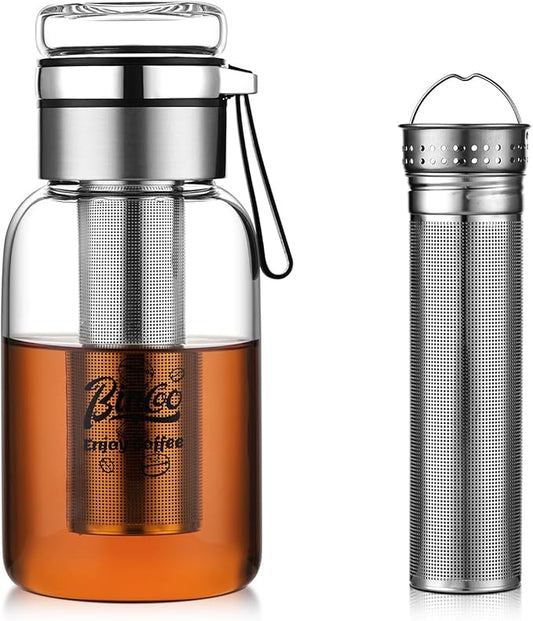 Bincoo Glass Cold Brew Coffee Maker with Extended Fine Mesh Filter, Tea Infuser Bottle Iced Coffee Maker with Thick Borosilicate Glass (750ml/24oz)