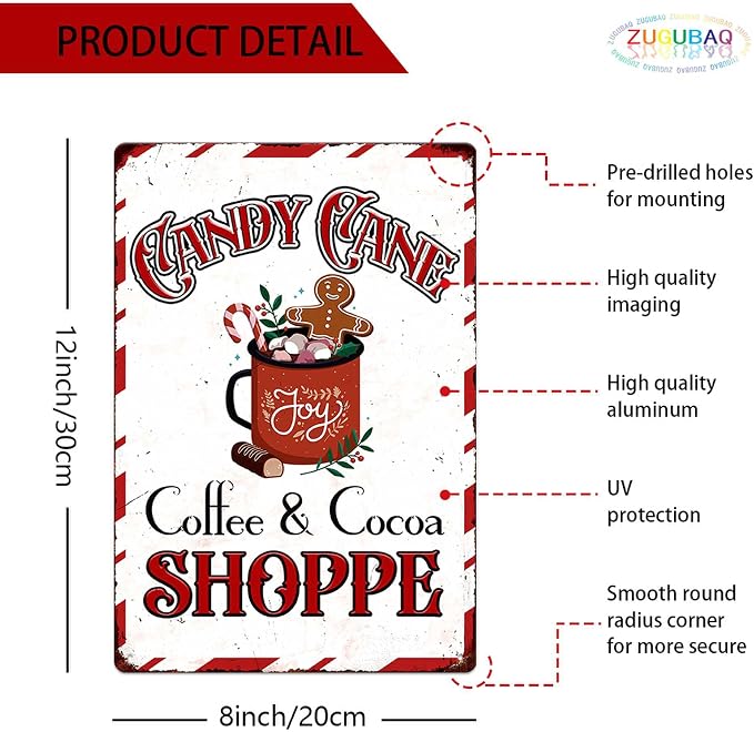 Candy Cane Coffee And Cocoa Shoppe Metal Tin Sign Farmhouse Christmas Decorations Vintage Retro Poster For Coffee Bar Home Cafe Wall Decor Art Winter Decoration Hanging Plaque 8 X 12 Inch - Image 2