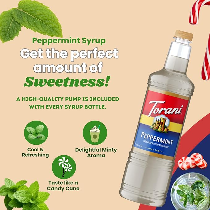 Torani Peppermint Syrup 1 Liter Bottle with Pump – Premium Coffee Flavoring Made with Pure Cane Sugar & Natural Flavors for Lattes, Mochas, Desserts & Cocktails – Café-Quality Mint Sweetener - Image 5