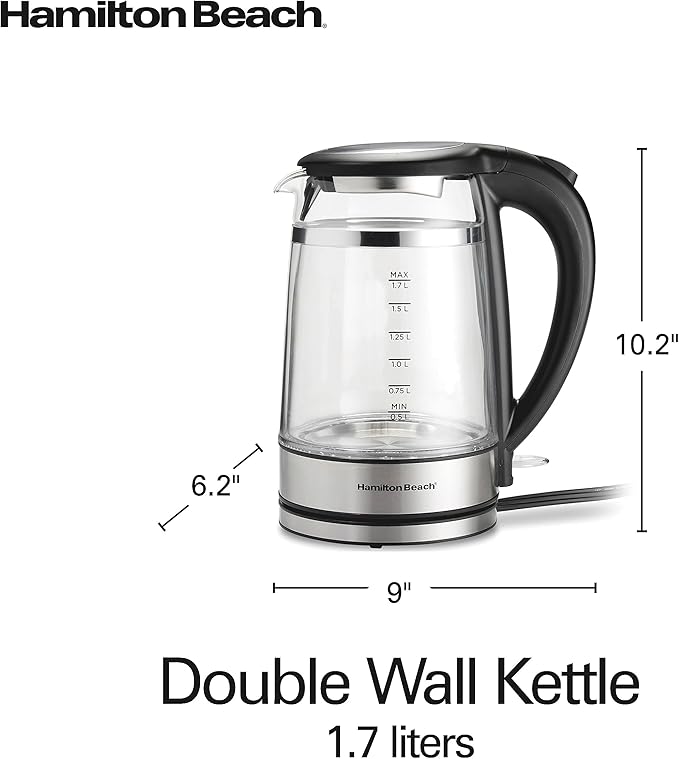 Hamilton Beach Double Wall 1.7L Electric Kettle, Water Boiler & Heater, Built-In Mesh Filter, Auto-Shutoff & Boil-Dry Protection, Cordless Serving, Variable LED Indicator, Glass (40850)