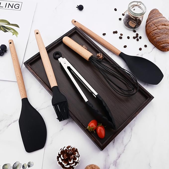 1pcs Black Silicone Kitchen Tongs Cooking Utensils Stainless Steel Locking Cooking Tong for Salad BBQ Serving Buffet Frying Tongs