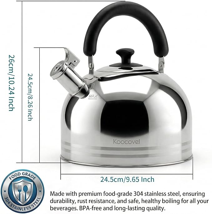 Whistling Tea Kettle for Stove Top,304 Stainless Steel Tea Kettles,6L/6.3QT Tea Kettles for Kitchen,Camping,Traveling,Portable,Fast to Boil