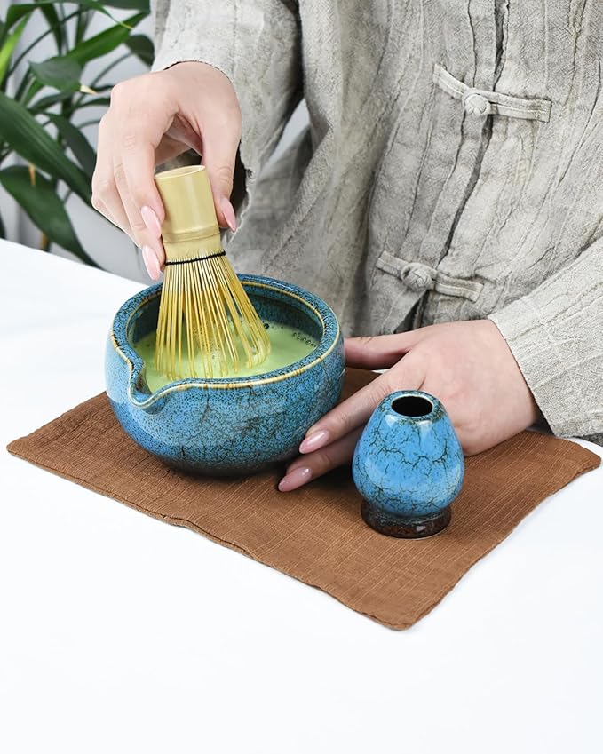 Artcome Matcha Tea Set – 20.2oz Premium Matcha Bowl with Spout, Whisk, Scoop, Whisk Holder & Brewing Guide – Authentic Japanese Tea Ceremony Tools for Perfect Matcha Preparation, Blue
