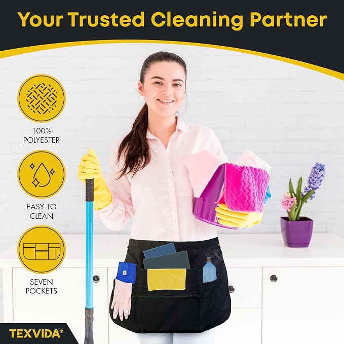 7 Pockets Server Apron with Buckle Closure & Zippered Money Pouch – Stain Resistant, Black Waitress Apron - Image 6