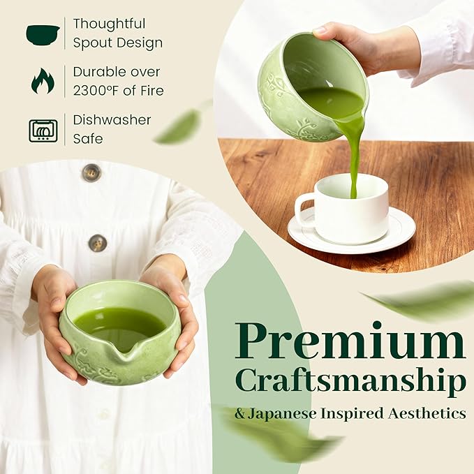 Matcha Whisk Set, Ceramic Matcha Set Includes Matcha Bowl, Matcha Whisk and Holder, Bamboo Scoop, Sifter 5 Pcs Matcha Kit for Matcha Lovers (Mottled Green)
