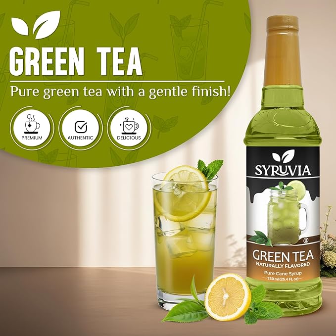 Syruvia Green Tea Syrup, Natural Flavors, Syrup for Drinks, Lattes, and Desserts – 25.4 fl oz