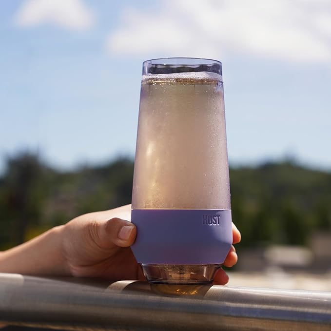 Host Champagne FREEZE Double-Walled Stemless Wine Glass for Sparkling Wine, Glasses Drinking Set Cooling Cups, 9 Oz Plastic Colored Glassware, Deep Lilac Purple Set of 2