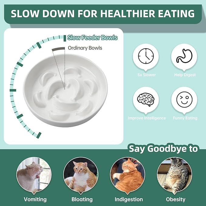 Elevated Slow Feeder Cat Bowls - 2 Ceramic Dishes with 1 Bamboo Stand - Whisker Friendly Shallow Maze Plates for Slower Eating - White & Blue