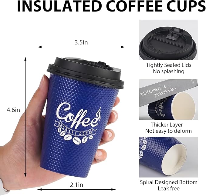 Tamone 100 Pack 12 oz Disposable Coffee Cups with Lids, Insulated Ripple Double-Walled Paper Coffee Cups for Hot Beverages, Cold/Hot Drinking To Go Coffee Cups with Lids for Parties and Travel (Grey)