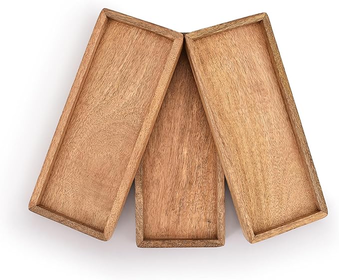 Samhita Mango Wood Serving Platter with Raised Edge -Set of 3 for Display Fruit Snacks Appetizer Sushi Food Decorative (12" x 5" x 0.75")