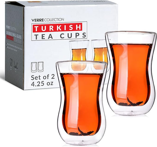 Turkish Tea Cups 4.25 oz, Lightweight Turkish Tea Glasses, Heat Resistant Double Wall Tea Cups, Insulated Turkish Tea Set of 2