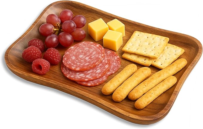 Woodard & Charles Acacia Wood Medium Pinched Serving Tray, for Charcutreie, Sushi, Dessert, Sandwiches and More, 9.5" x 6" x 0.75", 9.5" x 6"