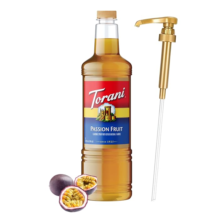 Torani Passion Fruit Syrup 1 Liter Bottle with Pump – Juicy Tropical Flavoring for Cocktails, Iced Drinks, Teas & Lemonades, Pure Cane Sugar Syrup, Mess-Free Pump Dispensing for Home & Café Creations by Torani